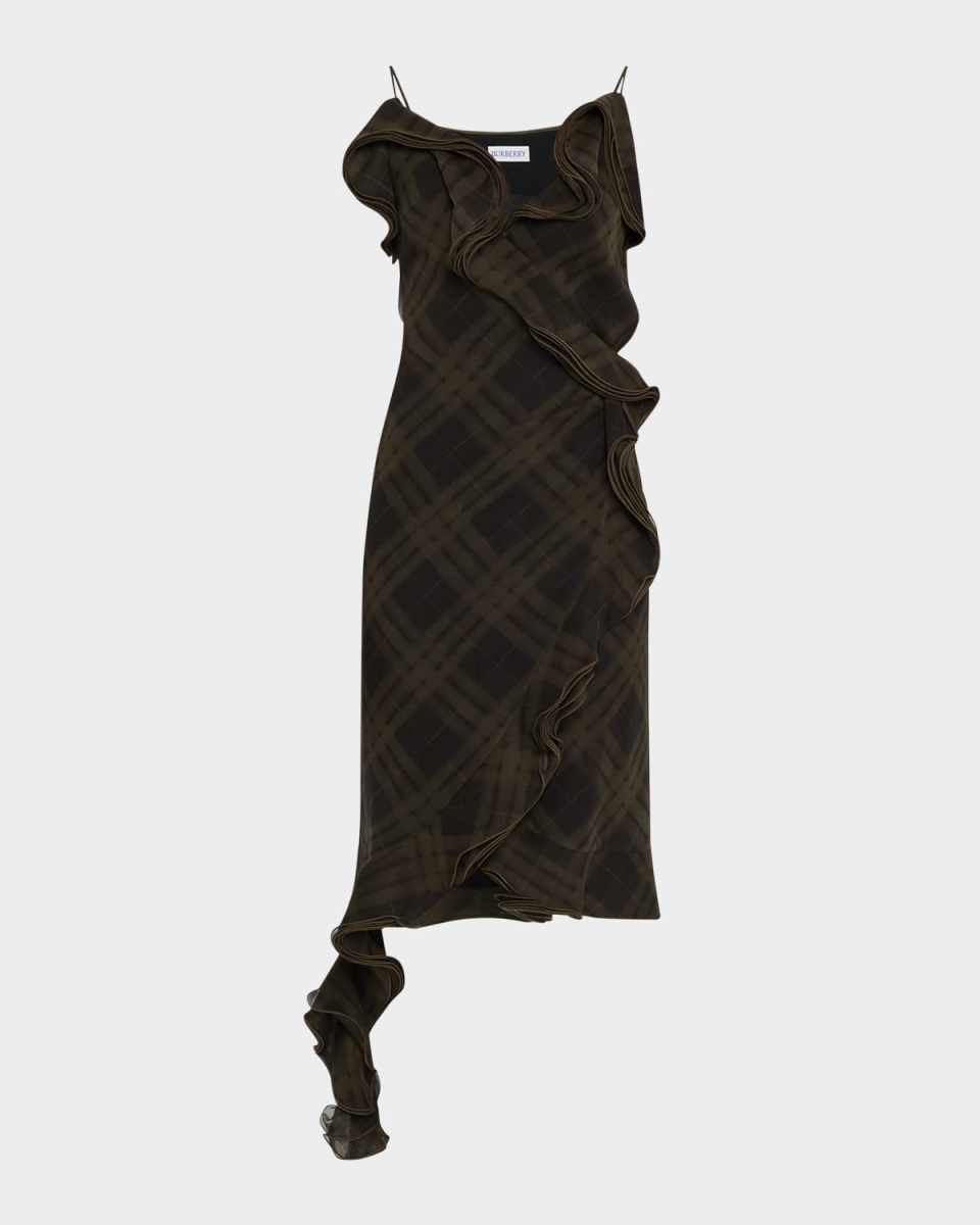 Ruffle Check Wrap Midi Dress